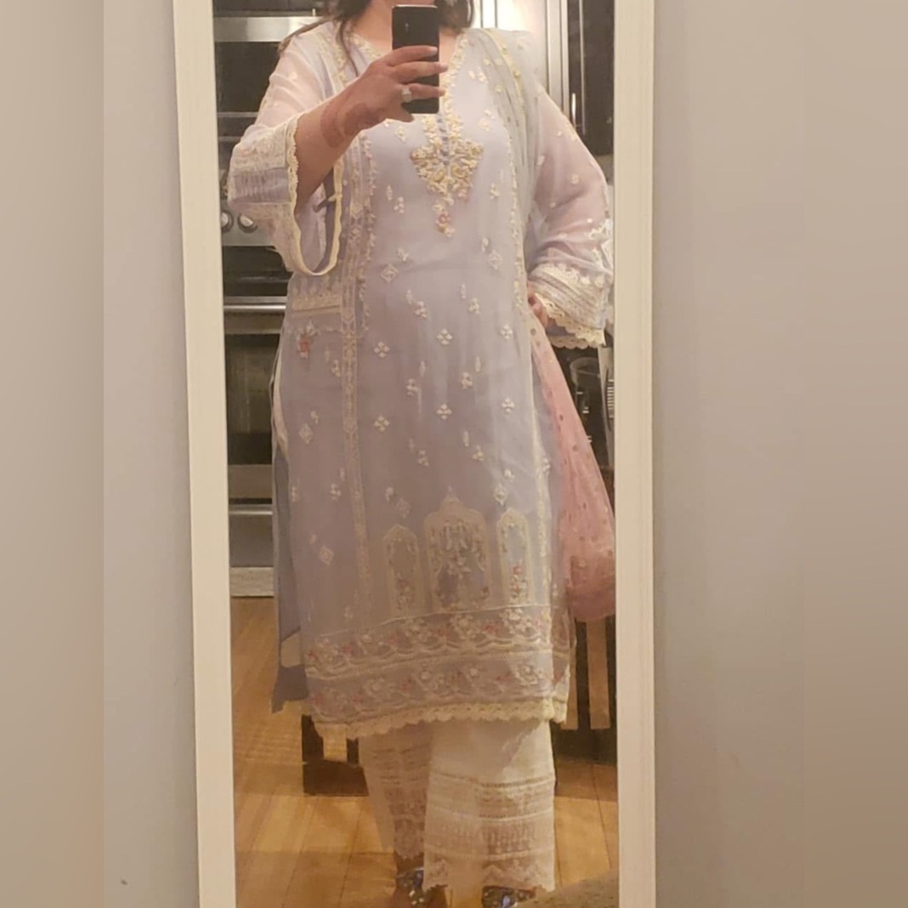 Pakistani Original designer Agha Noor iced blue Embroidered/ pearl workKurta Set